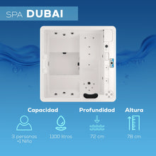 spa DUBAI con capacidad para 3 adultos y 1 niño, profundidad de 72 cm, altura de 111 cm; ideal para hogares con espacio limitado
