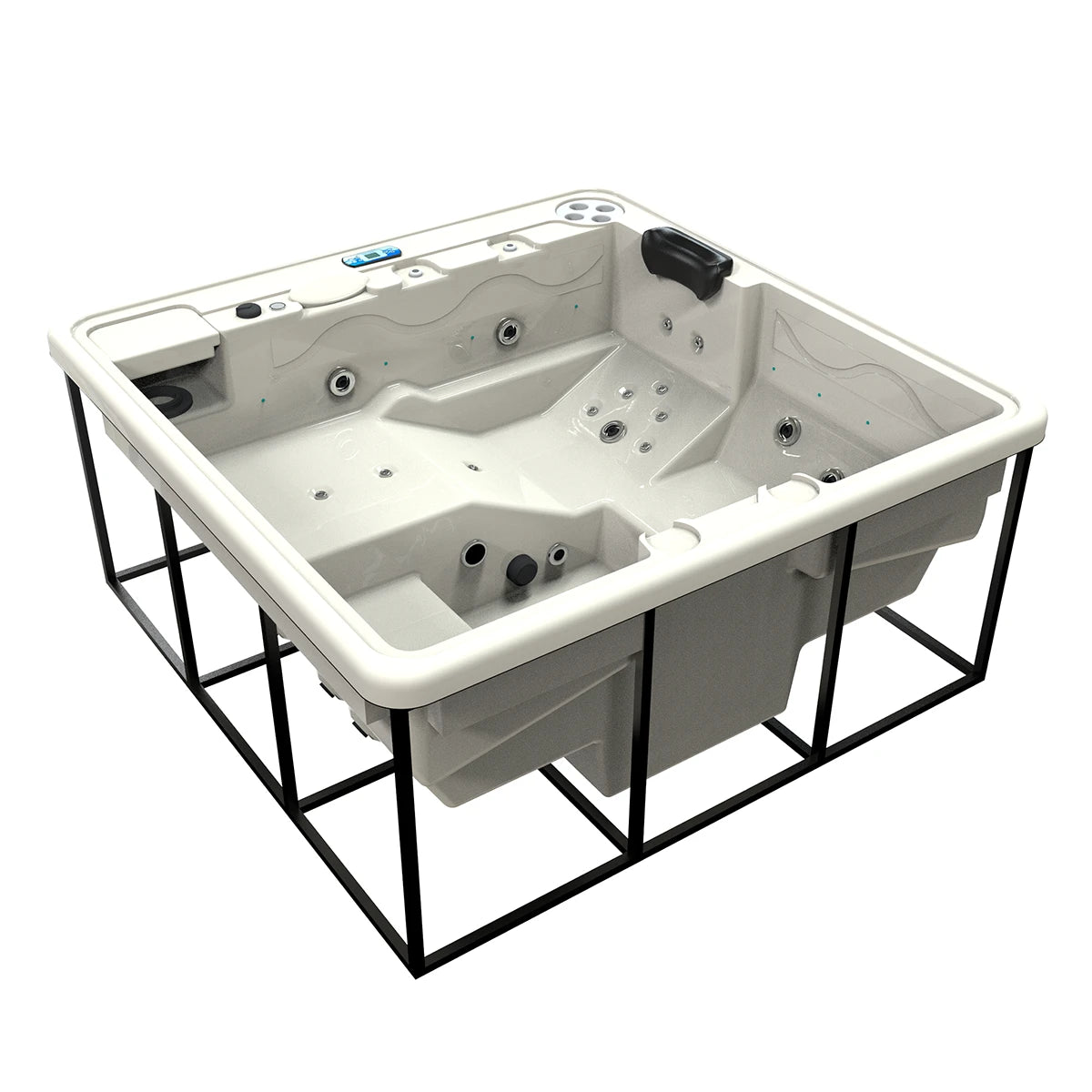 spa DUBAI para 3 adultos y 1 niño, estructura metálica con acrílico beige aperlado; jacuzzi compacto ideal para rooftops o patios pequeños