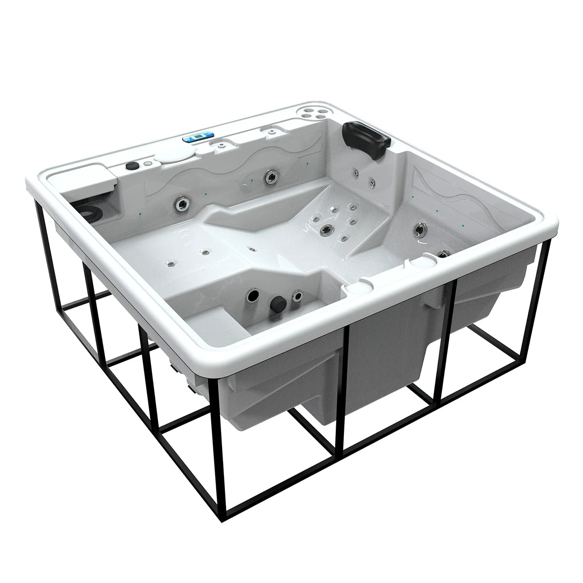 jacuzzi spa DUBAI exterior compacto para 3 adultos y 1 niño, estructura metálica con acrílico blanco; ideal para jardines, terrazas y espacios limitados