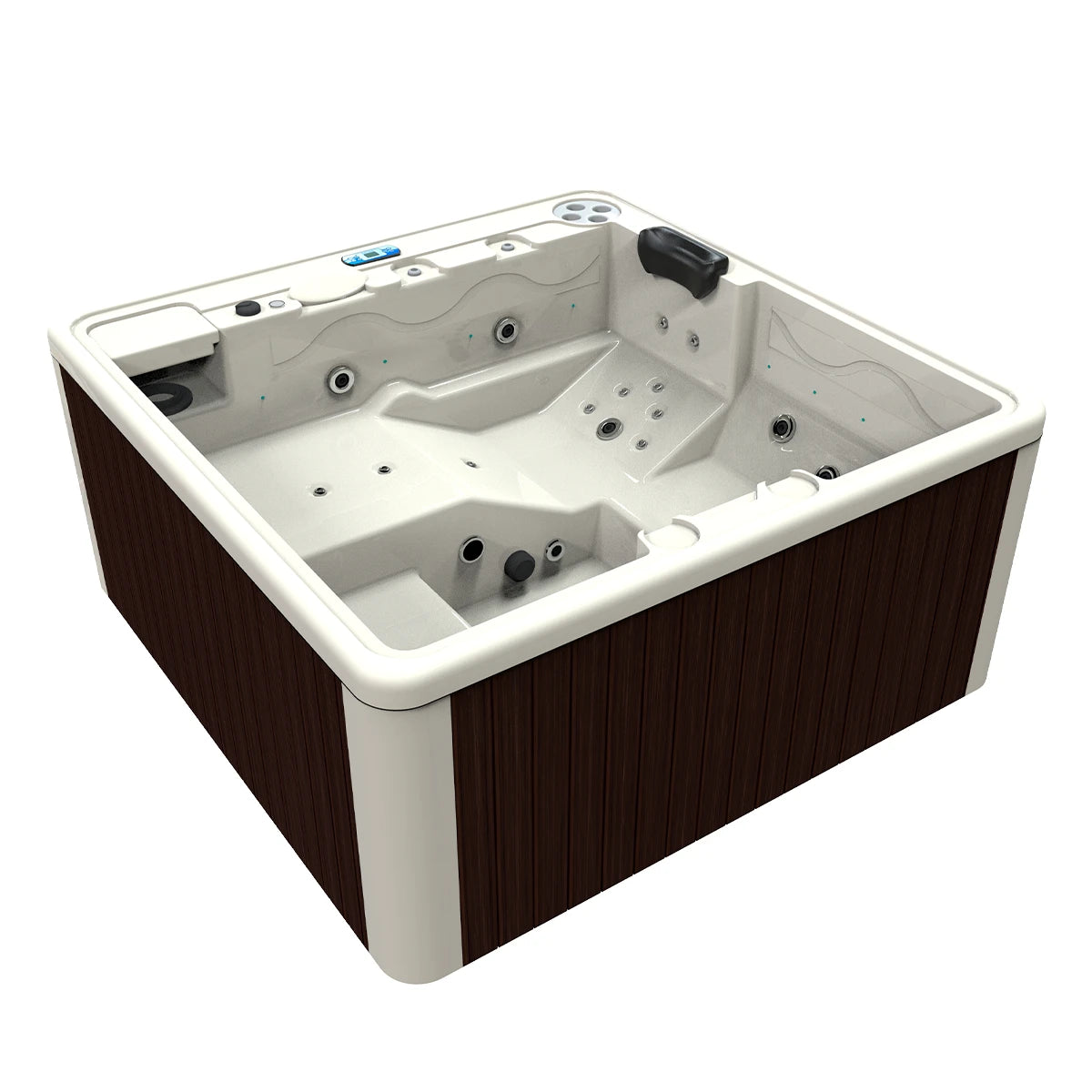 jacuzzi DUBAI para 3 adultos y 1 niño, gabinete ingeniería wengue con acrílico beige aperlado; spa exterior compacto para proyectos premium