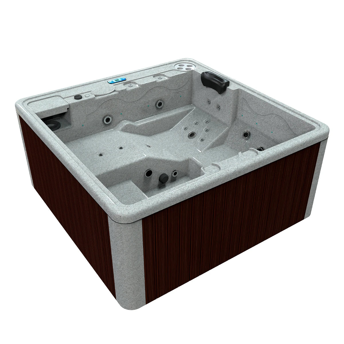 spa DUBAI para 3 adultos y 1 niño, gabinete ingeniería wengue y acrílico granito sierra; diseño compacto para jardines modernos y terrazas residenciales