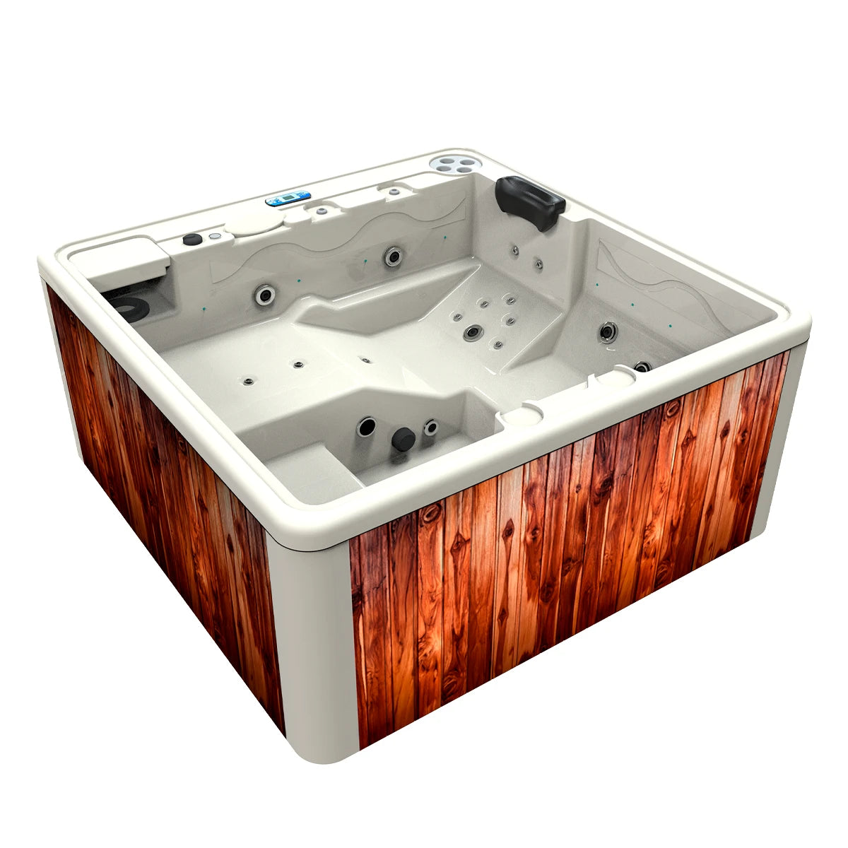 spa DUBAI exterior para 3 adultos y 1 niño, gabinete madera teca con acrílico beige aperlado, diseño compacto para proyectos residenciales o hoteleros