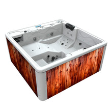 jacuzzi spa DUBAI para 3 adultos y 1 niño, gabinete madera teca con acrílico blanco; spa exterior compacto ideal para terrazas, patios o jardines pequeños
