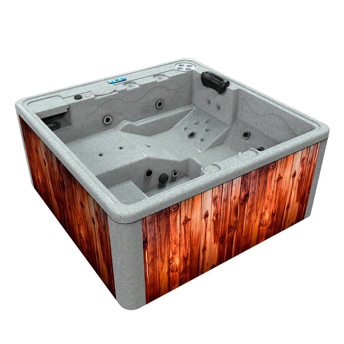 jacuzzi spa DUBAI exterior para 3 adultos y 1 niño, gabinete madera teca con acrílico granito sierra, diseño moderno para terrazas residenciales premium