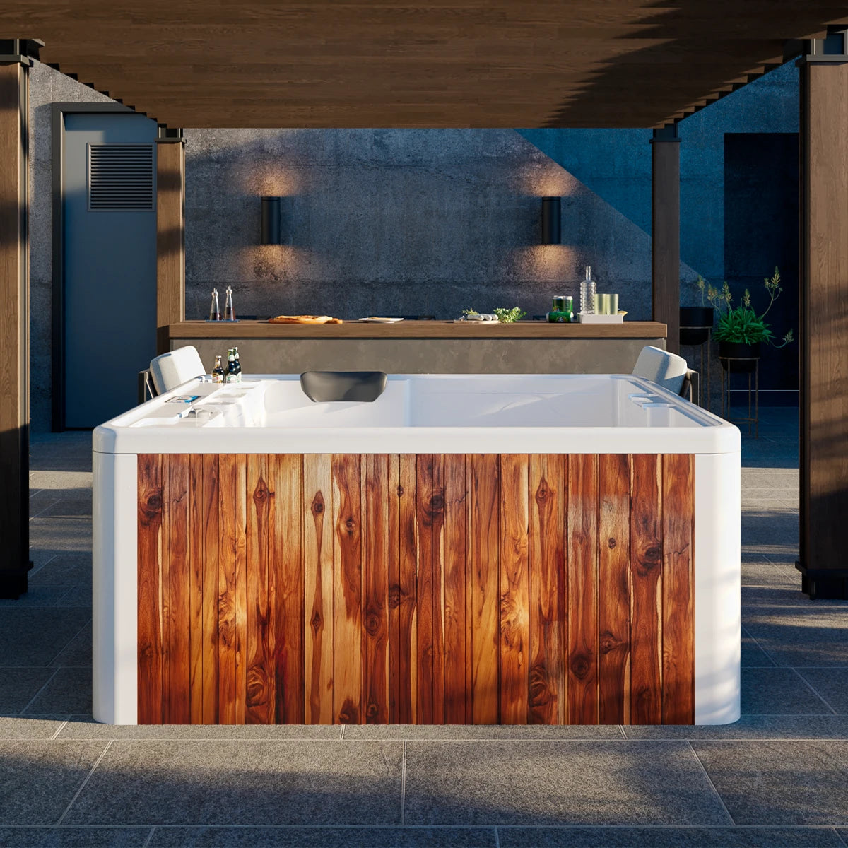 spa DUBAI instalado en terraza moderna, diseño compacto y elegante para exteriores premium
