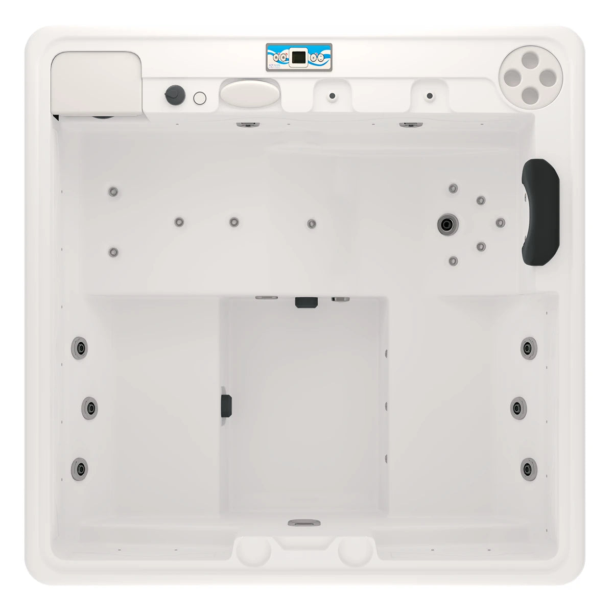 vista superior del spa DUBAI con diseño ergonómico para 3 adultos y 1 niño, cromoterapia LED y jets de masaje terapéutico