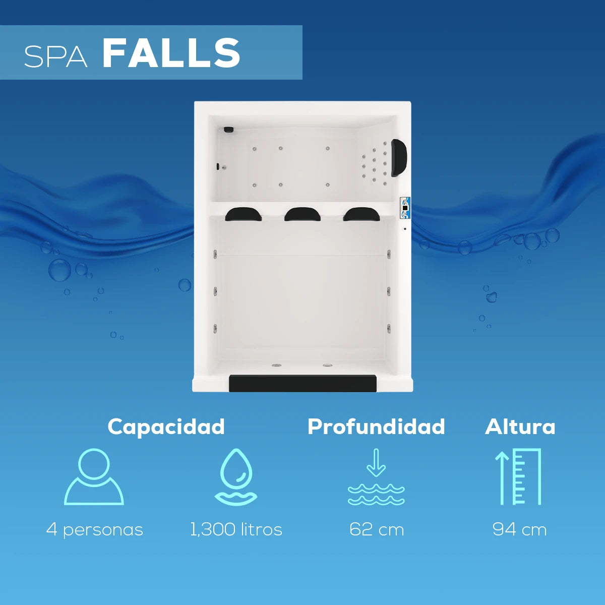 spa FALLS con capacidad para 4 adultos, profundidad de 92 cm, altura de 101 cm; ideal para uso residencial de alto nivel