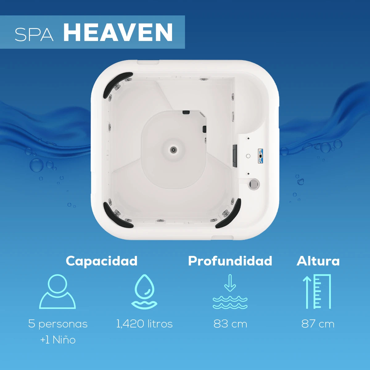 spa HEAVEN para 5 adultos y 1 niño, profundidad de 87 cm, altura de 91 cm; ideal para hogares, hoteles o áreas de descanso