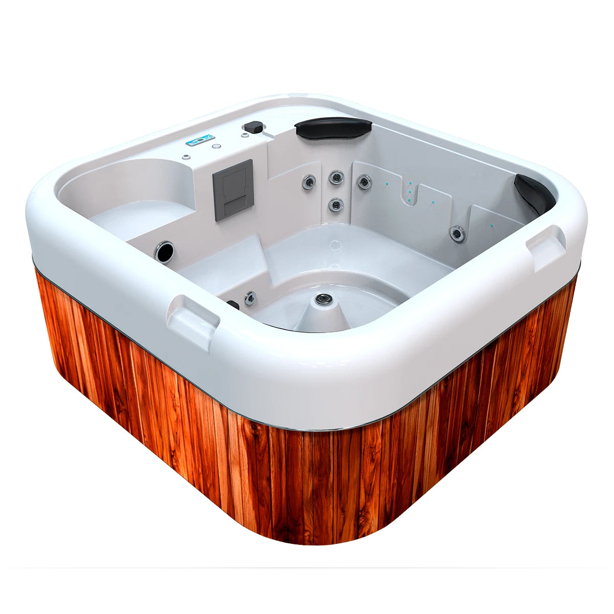 jacuzzi spa HEAVEN para 5 adultos y 1 niño, gabinete en madera teca y acrílico blanco; spa exterior ideal para terrazas, patios y jardines familiares