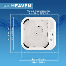ficha técnica del spa HEAVEN, medidas para instalación en terrazas, patios o rooftops con capacidad para 6 personas