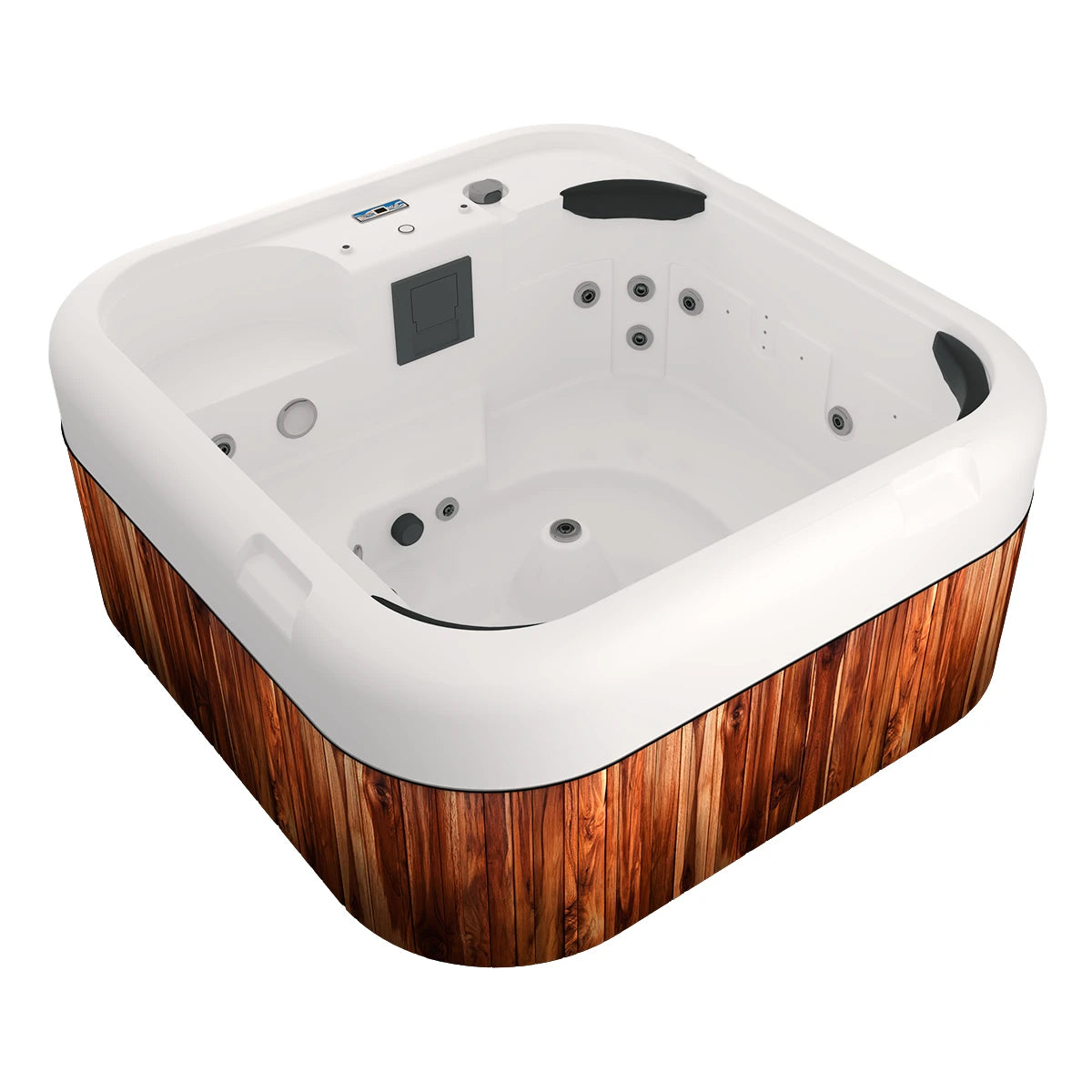 spa HEAVEN exterior para 5 adultos y 1 niño con jets de masaje, cromoterapia LED y faldón de madera, ideal para uso residencial o proyectos hoteleros