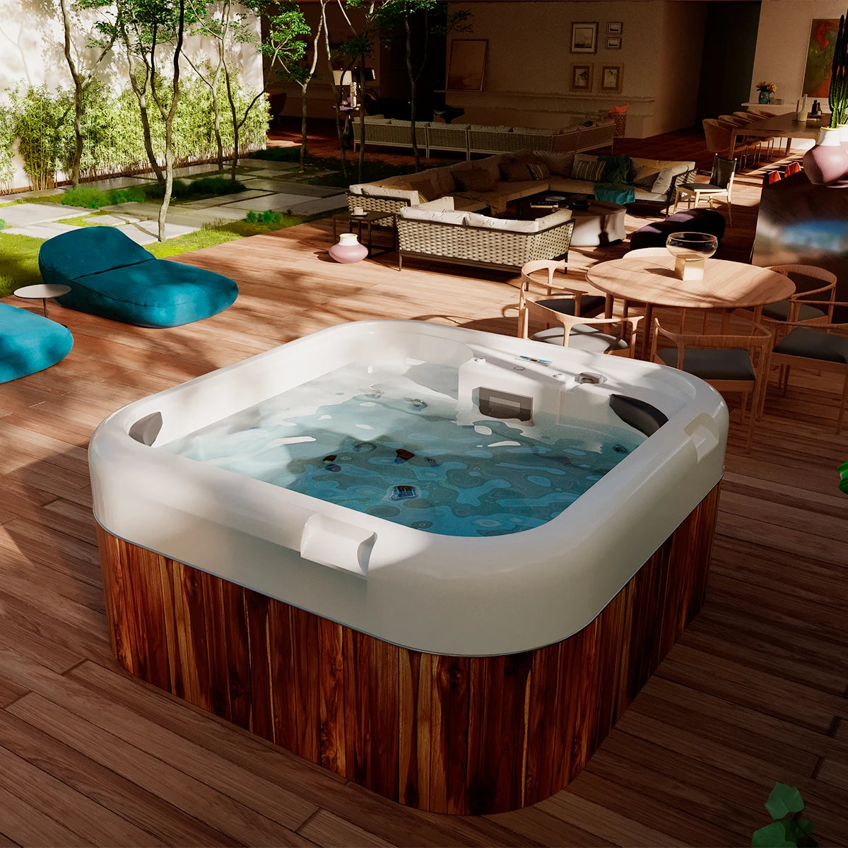 jacuzzi spa HEAVEN instalado en jardín residencial, ideal para relajación en familia, terrazas o exteriores premium