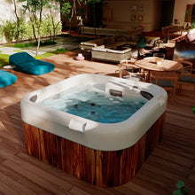 jacuzzi spa HEAVEN instalado en jardín residencial, ideal para relajación en familia, terrazas o exteriores premium