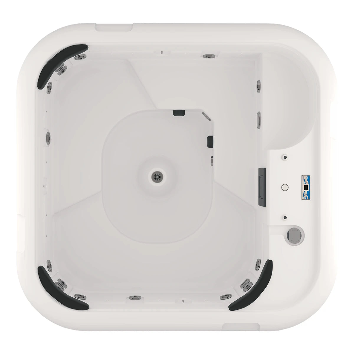 vista superior del spa HEAVEN con distribución ergonómica, ideal para 5 adultos y 1 niño; hidromasaje y control digital integrados