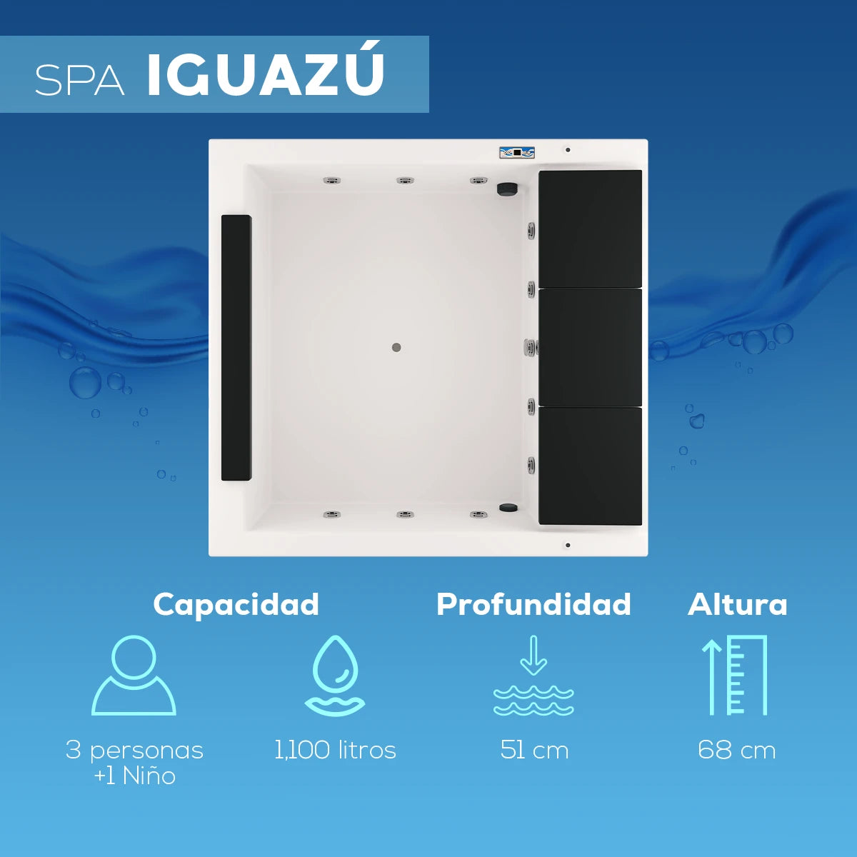 spa IGUAZÚ con capacidad para 3 adultos y 1 niño, profundidad de 51 cm, altura de 68 cm; jacuzzi compacto familiar