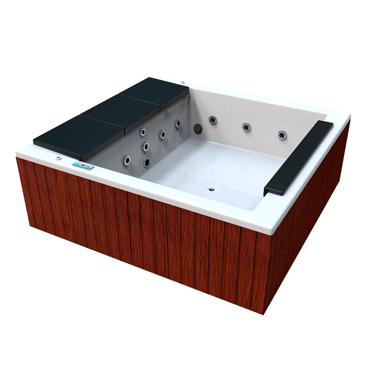 jacuzzi IGUAZÚ para 3 adultos y 1 niño, gabinete café claro con acrílico blanco; spa exterior para jardines o terrazas de lujo