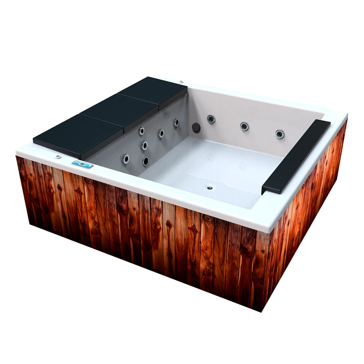 jacuzzi spa IGUAZÚ para 3 adultos y 1 niño, gabinete madera teca con acrílico blanco; ideal para terrazas, patios o rooftops
