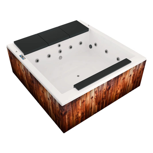 spa IGUAZÚ exterior para 3 adultos y 1 niño, jets de masaje integrados, cromoterapia LED y faldón en madera teca