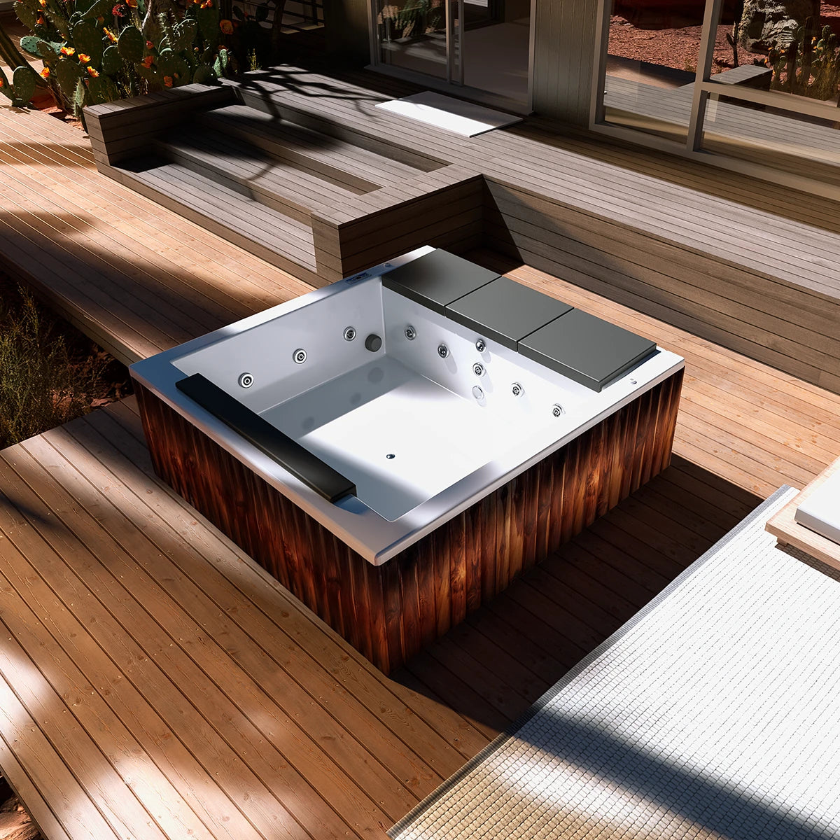 jacuzzi spa IGUAZÚ instalado en jardín residencial premium, ideal para relajación familiar y diseño de exteriores de lujo
