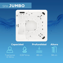 spa JUMBO con capacidad para 7 adultos y 2 niños, profundidad de 88 cm, altura de 98 cm; ideal para grandes espacios exteriores