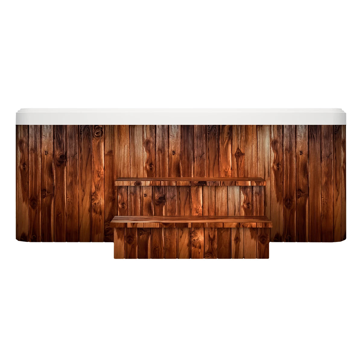 faldón del spa JUMBO en acabado madera teca, jacuzzi exterior ideal para decks, rooftops o jardines residenciales