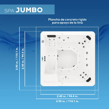 ficha técnica del spa JUMBO con medidas exactas para instalación en exteriores, terrazas o áreas recreativas