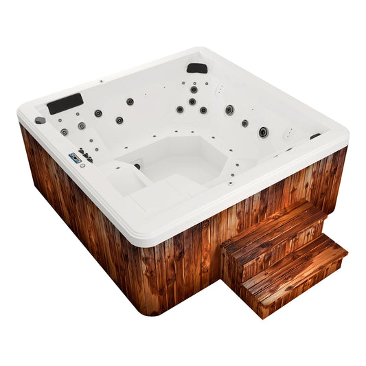 spa JUMBO para 7 adultos y 2 niños con jets de masaje, cromoterapia y faldón estilo madera; diseño exterior ideal para uso familiar o comercial