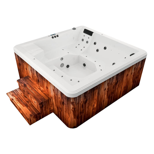 jacuzzi spa JUMBO para 7 adultos y 2 niños, diseño amplio con sistema de hidromasaje; ideal para jardines, terrazas y espacios residenciales de lujo