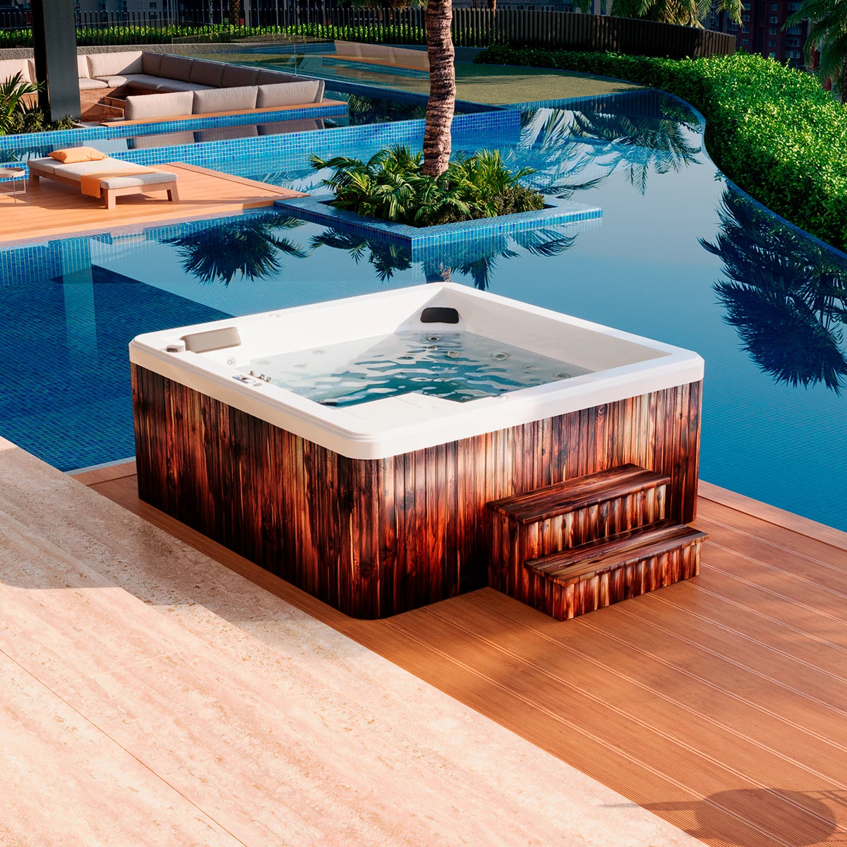 spa JUMBO instalado en jardín de lujo, jacuzzi para 9 personas con diseño exterior cálido y funcional