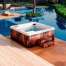 spa JUMBO instalado en jardín de lujo, jacuzzi para 9 personas con diseño exterior cálido y funcional
