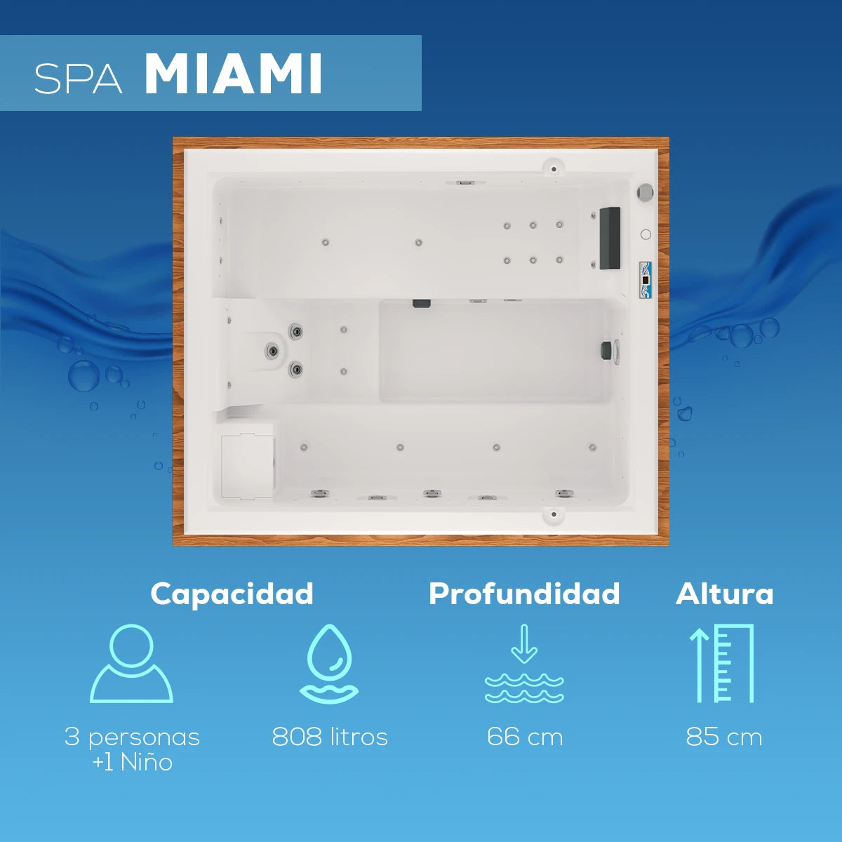 spa MIAMI con capacidad para 3 adultos y 1 niño, profundidad de 65 cm, altura de 101 cm; jacuzzi compacto para uso residencial