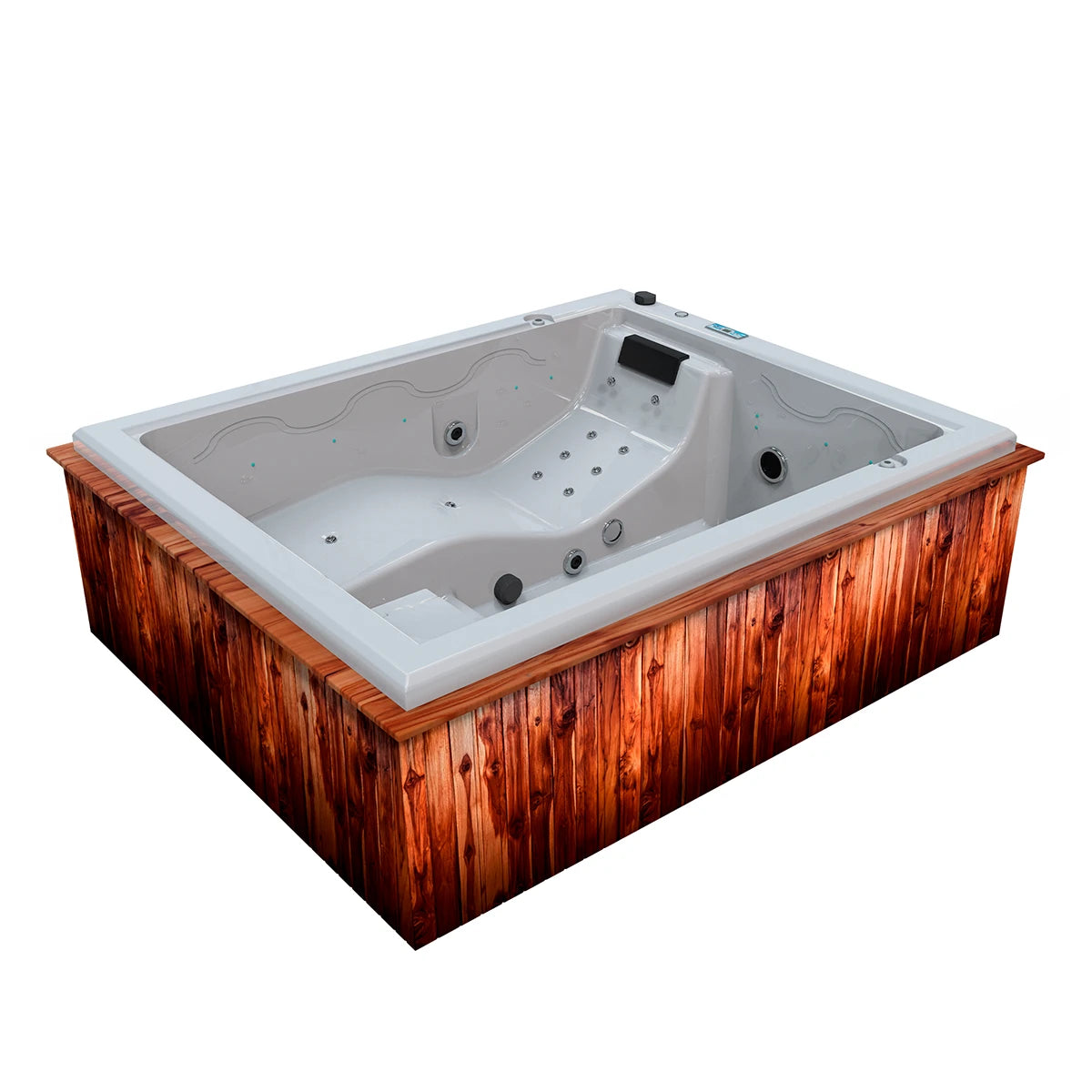 jacuzzi spa MIAMI para 3 adultos y 1 niño, gabinete madera teca con acrílico blanco; ideal para terrazas o patios exteriores