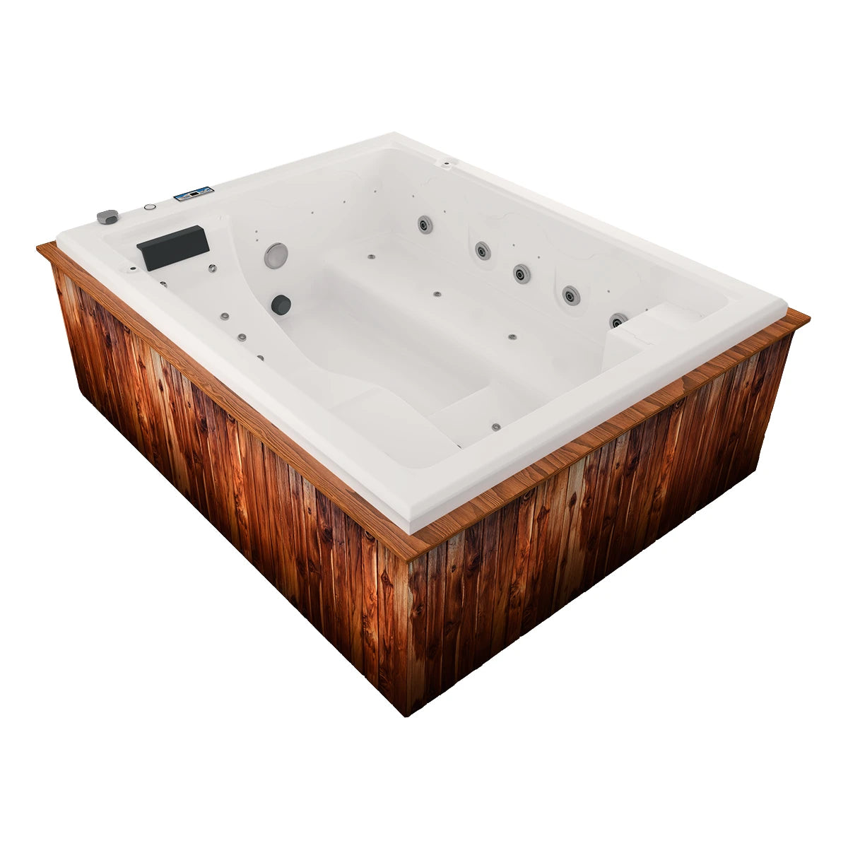 spa MIAMI para 3 adultos y 1 niño, jets de masaje integrados, faldón en madera y acrílico blanco; ideal para jardines y espacios exteriores de lujo