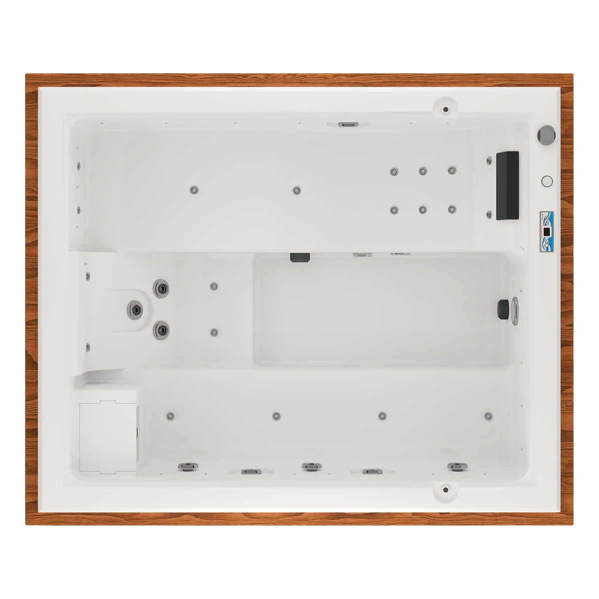 vista superior del spa MIAMI, distribución para 3 adultos y 1 niño, cromoterapia LED, asientos reclinables y sistema de masaje