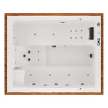 vista superior del spa MIAMI, distribución para 3 adultos y 1 niño, cromoterapia LED, asientos reclinables y sistema de masaje