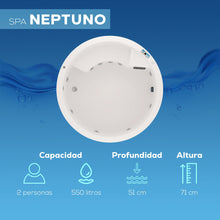 spa NEPTUNO para 2 personas, profundidad de 51 cm, altura de 71 cm, ideal para uso residencial en espacios pequeños