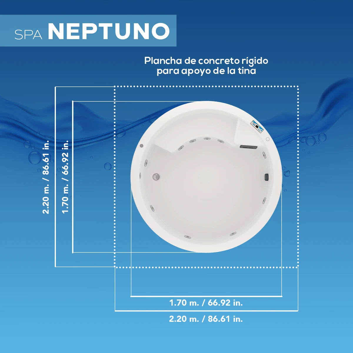 ficha técnica del spa NEPTUNO, jacuzzi redondo para 2 personas con medidas ideales para exteriores reducidos