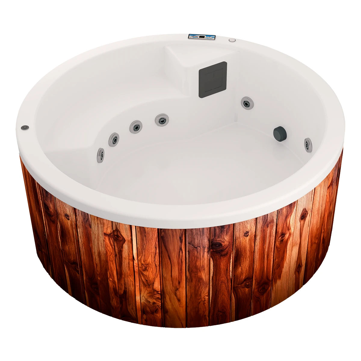 spa NEPTUNO redondo para 2 personas con jets terapéuticos, diseño ergonómico y faldón de madera estilo natural