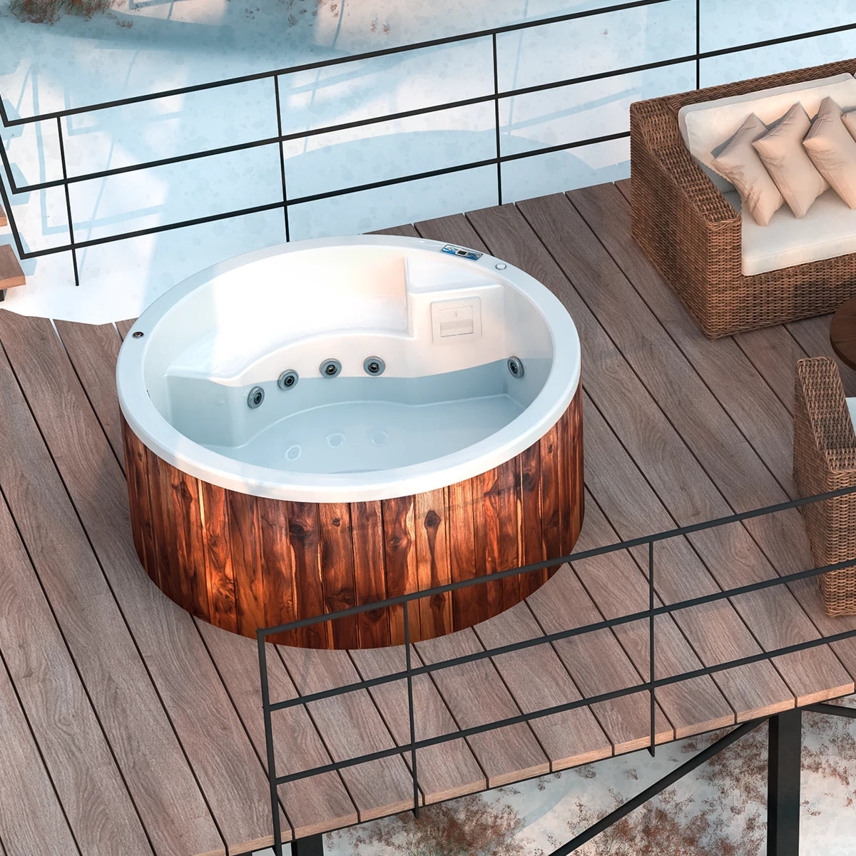 jacuzzi spa NEPTUNO en jardín elevado, diseño redondo con hidromasaje, ideal para relajación al aire libre