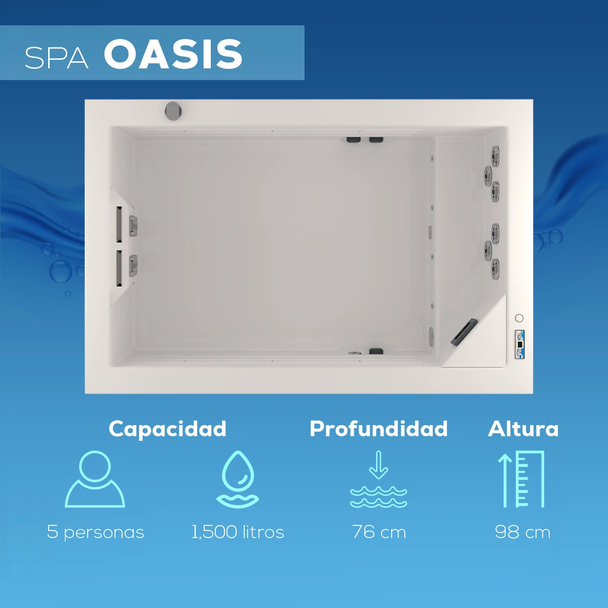 spa OASIS con capacidad para 5 adultos, profundidad de 76 cm y altura de 98 cm; diseño ideal para espacios amplios