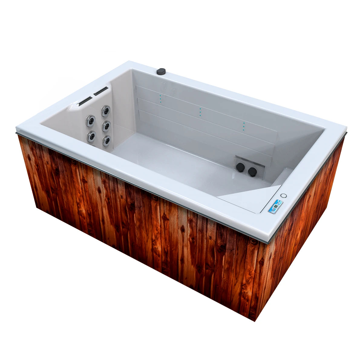 jacuzzi spa OASIS para 5 adultos, gabinete madera teca con acrílico blanco; jacuzzi rectangular exterior para jardines o patios familiares