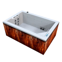 jacuzzi spa OASIS para 5 adultos, gabinete madera teca con acrílico blanco; jacuzzi rectangular exterior para jardines o patios familiares
