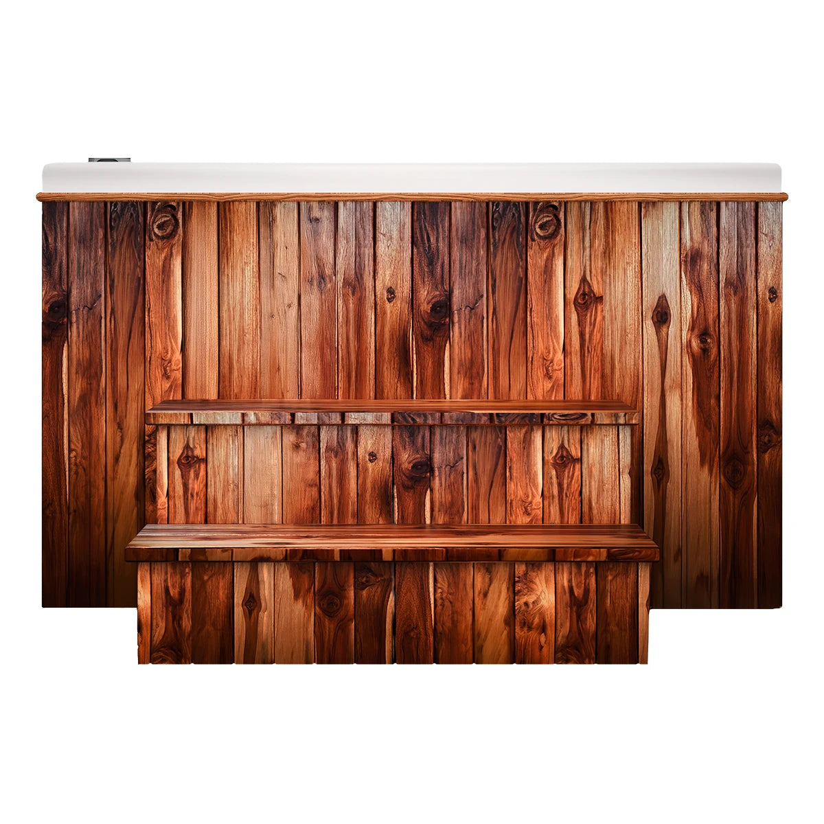 faldón exterior del spa OASIS en acabado madera teca; jacuzzi familiar ideal para terrazas o jardines modernos