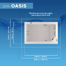 ficha técnica del spa OASIS con medidas para instalación en exteriores; jacuzzi rectangular para 5 personas