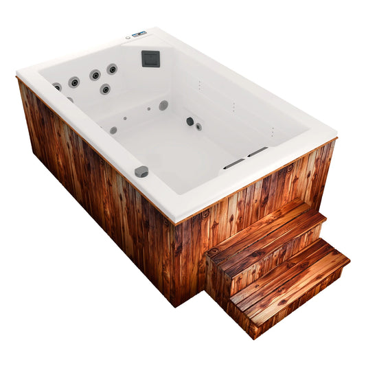 spa OASIS para 5 personas, con escalera integrada, faldón exterior de madera y jets posicionados estratégicamente