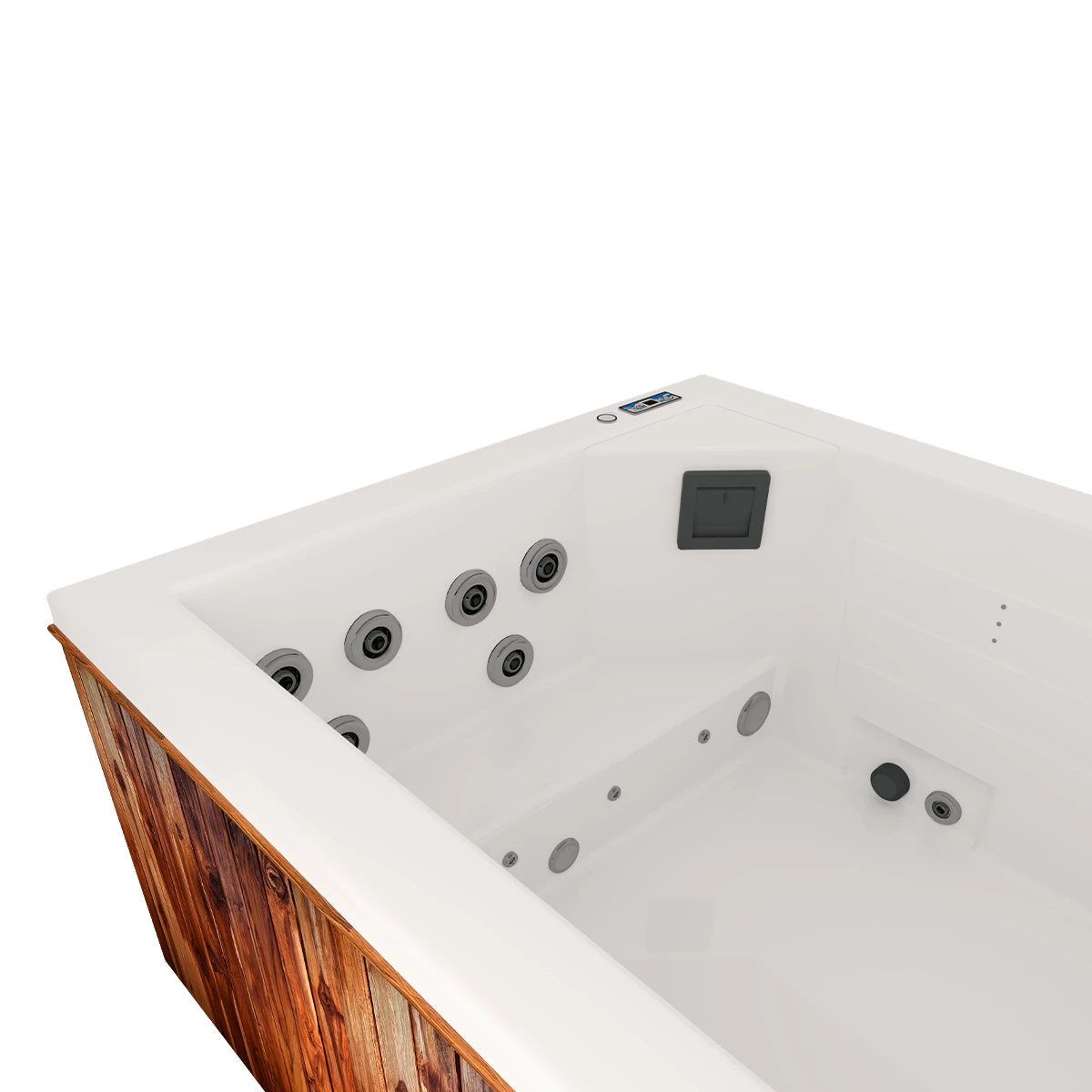panel digital del spa OASIS con controles para jets, temperatura y cromoterapia LED
