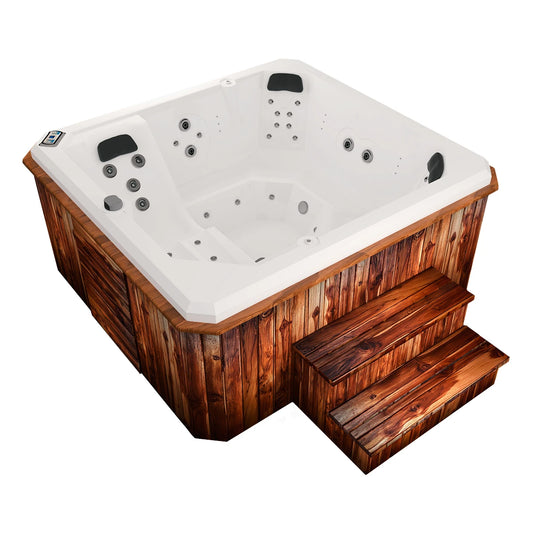 spa OCEAN para 5 adultos y 1 niño, jets de masaje, cromoterapia e iluminación LED con acabado exterior tipo madera