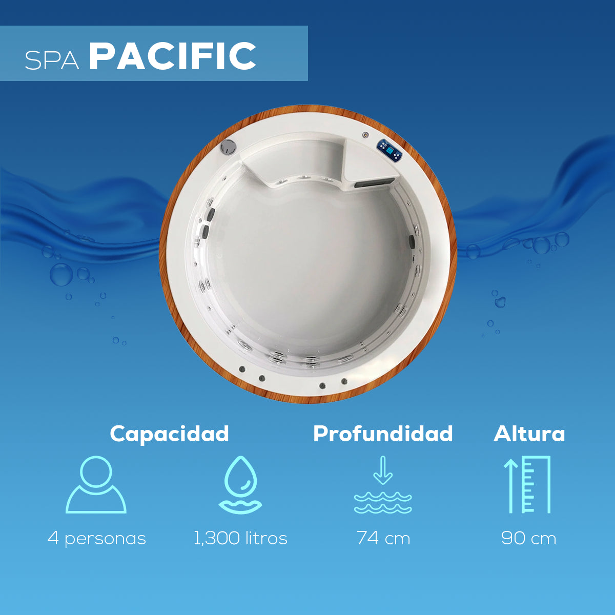 spa PACIFIC para 4 adultos, profundidad de 74 cm, altura de 90 cm; diseño compacto para espacios residenciales