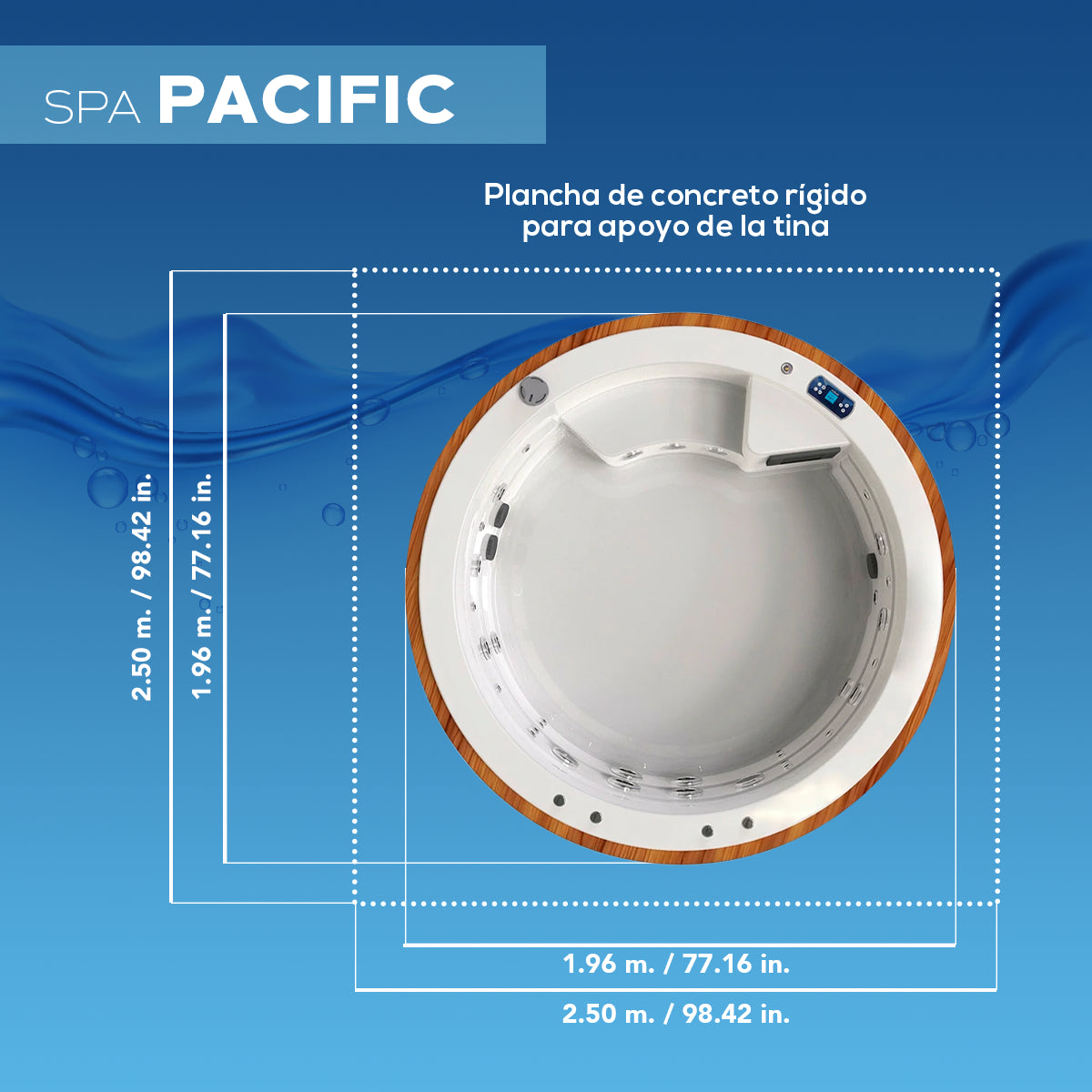 ficha técnica del spa PACIFIC con medidas exactas para instalación en patios, jardines o terrazas