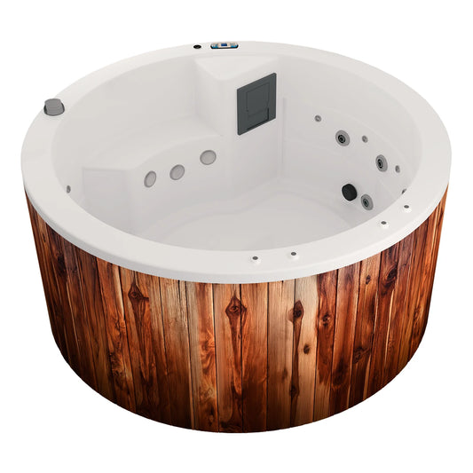 spa PACIFIC redondo para 4 adultos, jets de masaje y faldón en madera teca; jacuzzi exterior para espacios familiares